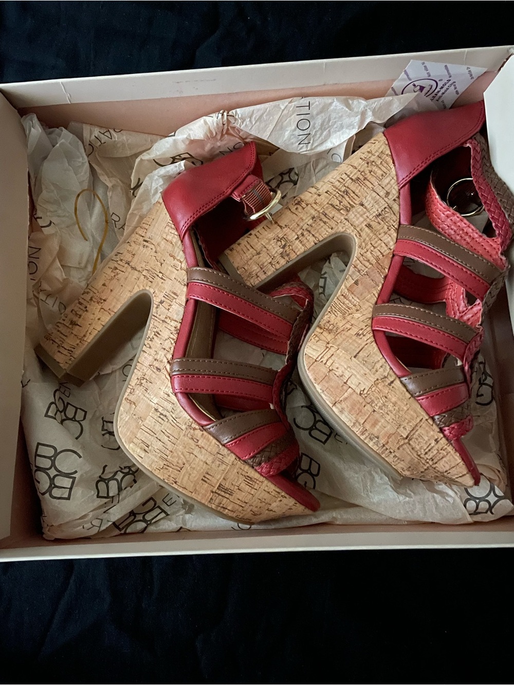 New BCBG Red and Brown Cork Platform Sandals
